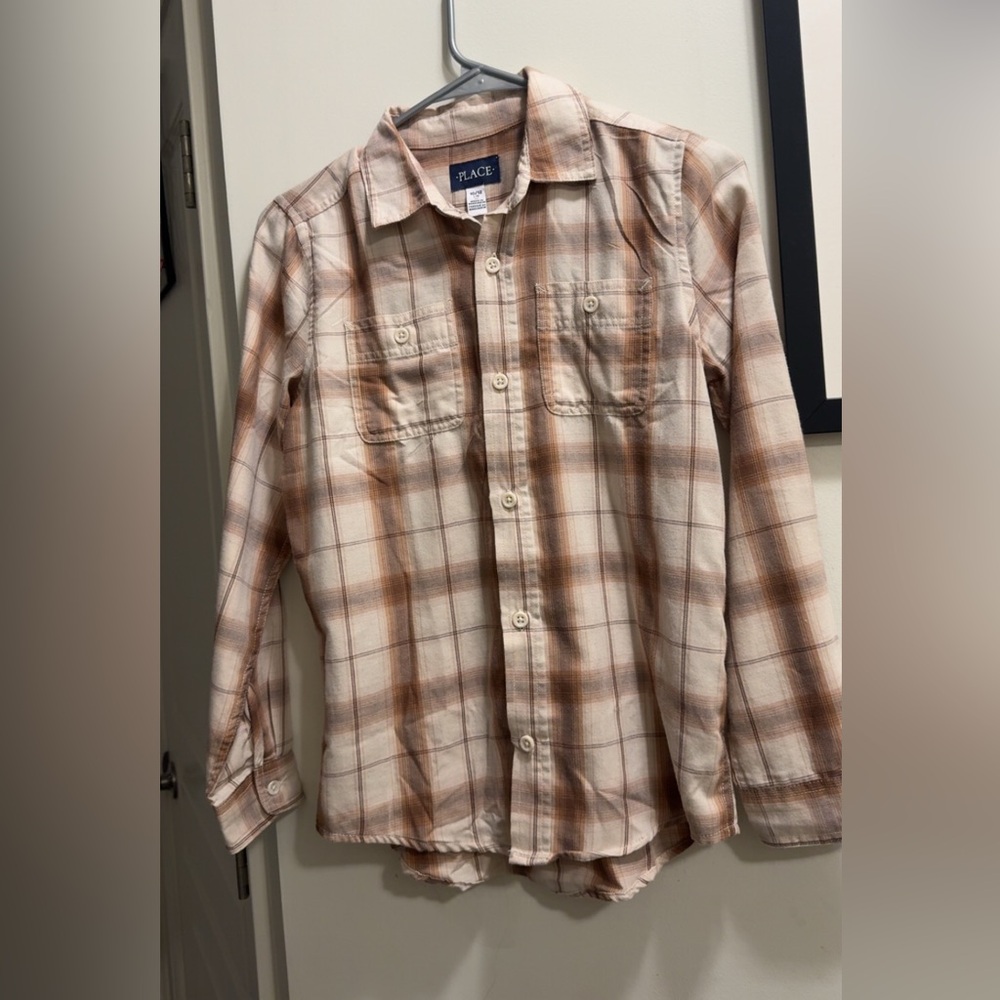 Place Men's Casual Plaid Shirt - Tan and White